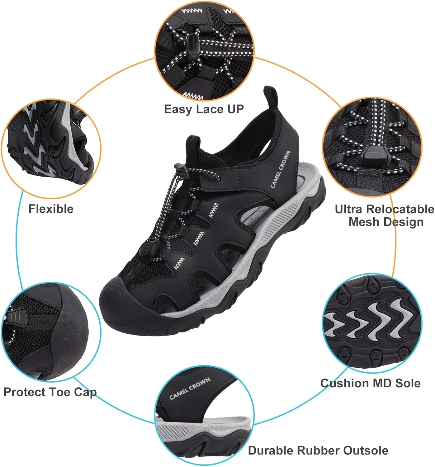 CAMEL CROWN Men's Hiking Sandals Anti-Slipping Athletic Water Shoes with Arch Support Closed Toe Outdoor Summer Camping Sandal for Beach