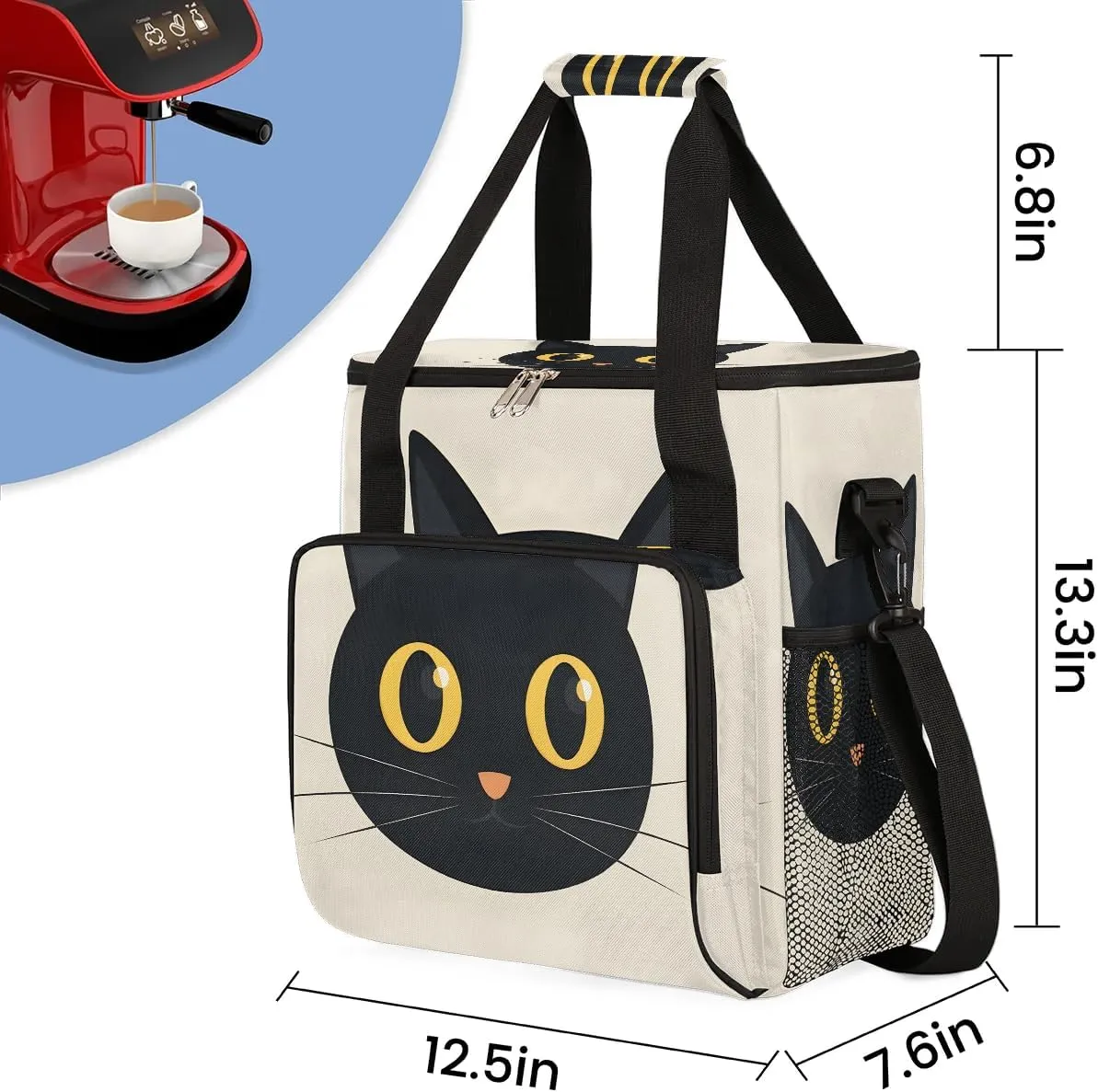 cfpolar Cute Black Cat Face Coffee Maker Storage Bag, Travel Coffee Maker Carrying Storage Tote Bag Compatible with K-Mini or K-Mini Plus, Dustproof Tote Bag with Shoulder Strap for Women Men