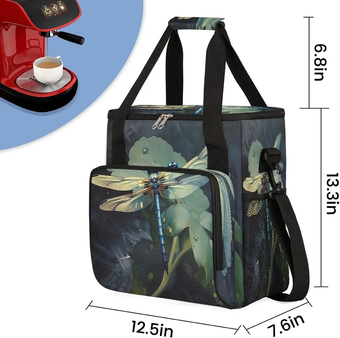 cfpolar Dragonfly With Green Leaf Coffee Maker Storage Bag, Travel Coffee Maker Carrying Storage Tote Bag Compatible with K-Mini or K-Mini Plus, Dustproof Tote Bag with Shoulder Strap for Women Men