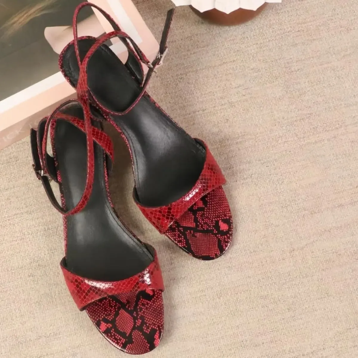 Chic Snake-print Sandals for Women Thin-Heel Buckle Two Straps Open-toed Heeled Sandal Suitable for Summer Events
