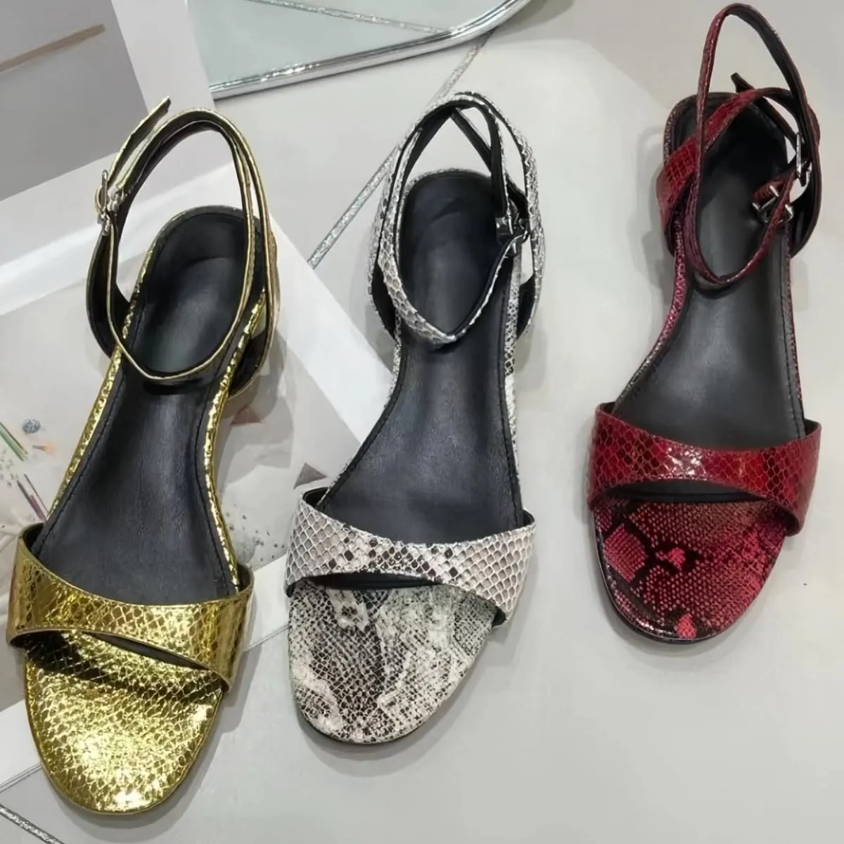 Chic Snake-print Sandals for Women Thin-Heel Buckle Two Straps Open-toed Heeled Sandal Suitable for Summer Events