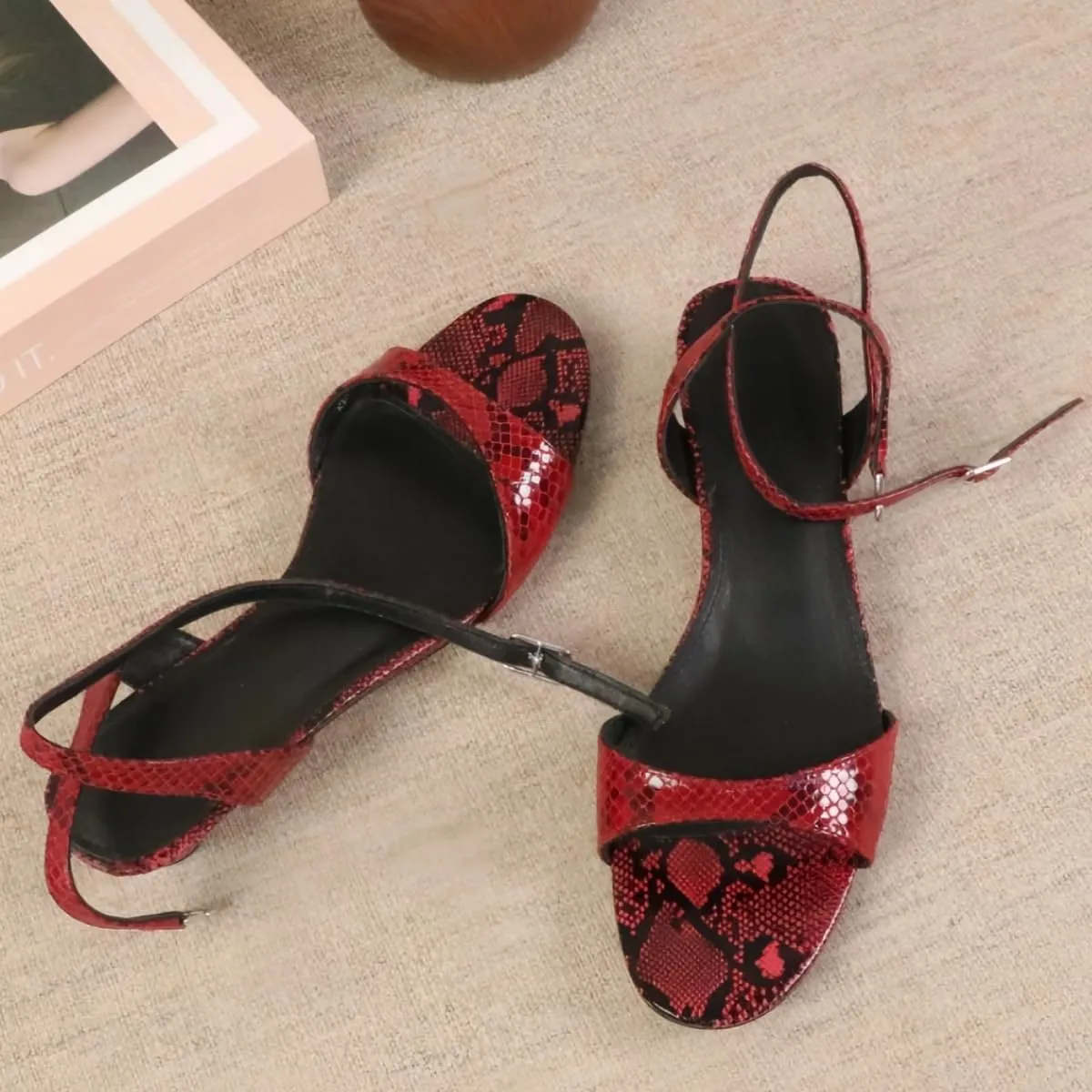 Chic Snake-print Sandals for Women Thin-Heel Buckle Two Straps Open-toed Heeled Sandal Suitable for Summer Events