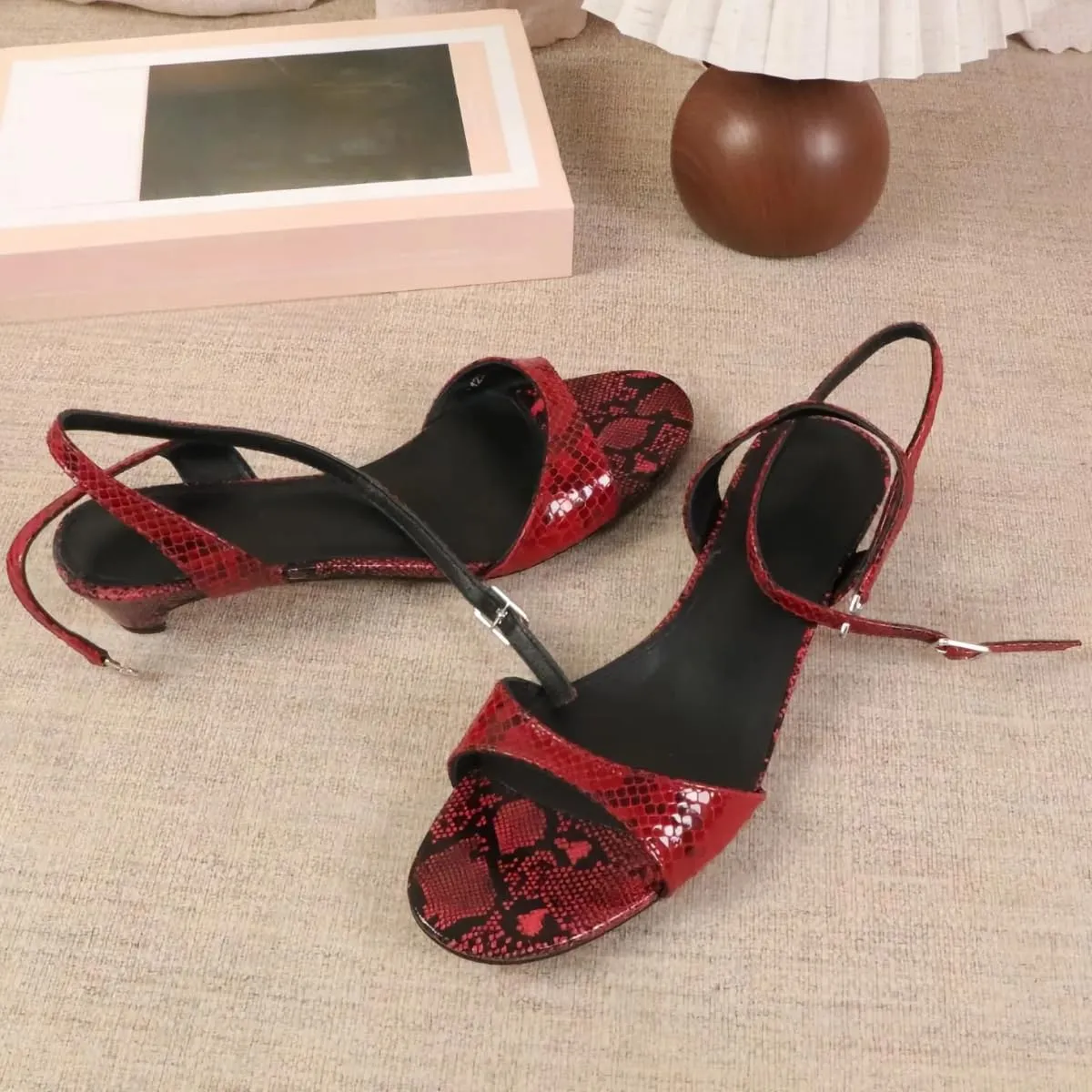 Chic Snake-print Sandals for Women Thin-Heel Buckle Two Straps Open-toed Heeled Sandal Suitable for Summer Events