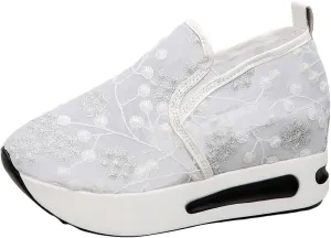 Chunky Sneakers for Women Fashion White Platform Sneakers for Women Slip On Breathable Lace Embroidery Walking Tennis Shoes Lightweight Comfort Wedge Platform Casual Sneakers for Gym Travel Work