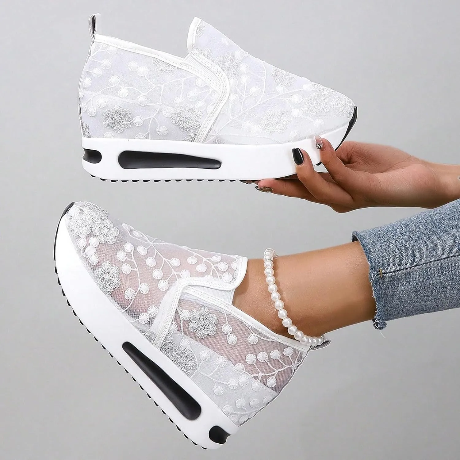 Chunky Sneakers for Women Fashion White Platform Sneakers for Women Slip On Breathable Lace Embroidery Walking Tennis Shoes Lightweight Comfort Wedge Platform Casual Sneakers for Gym Travel Work