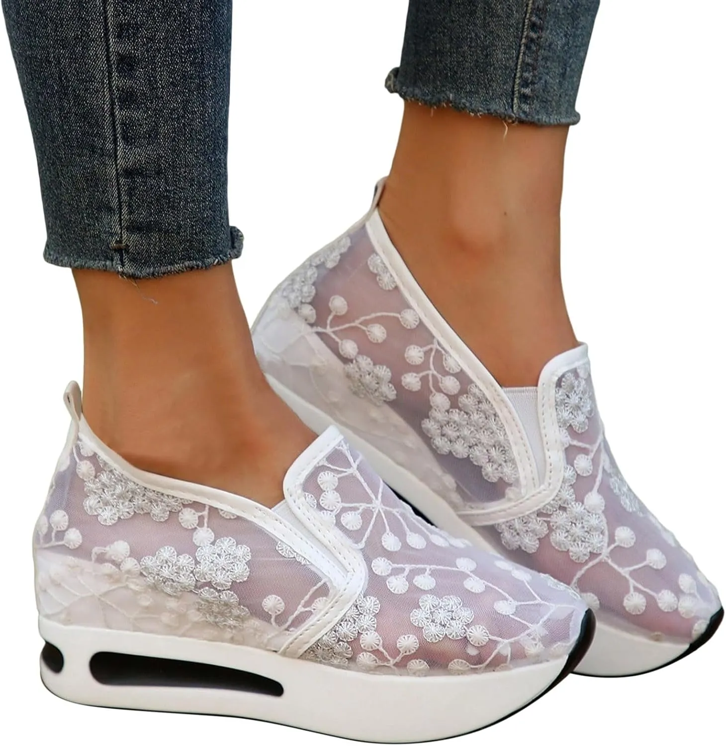 Chunky Sneakers for Women Fashion White Platform Sneakers for Women Slip On Breathable Lace Embroidery Walking Tennis Shoes Lightweight Comfort Wedge Platform Casual Sneakers for Gym Travel Work