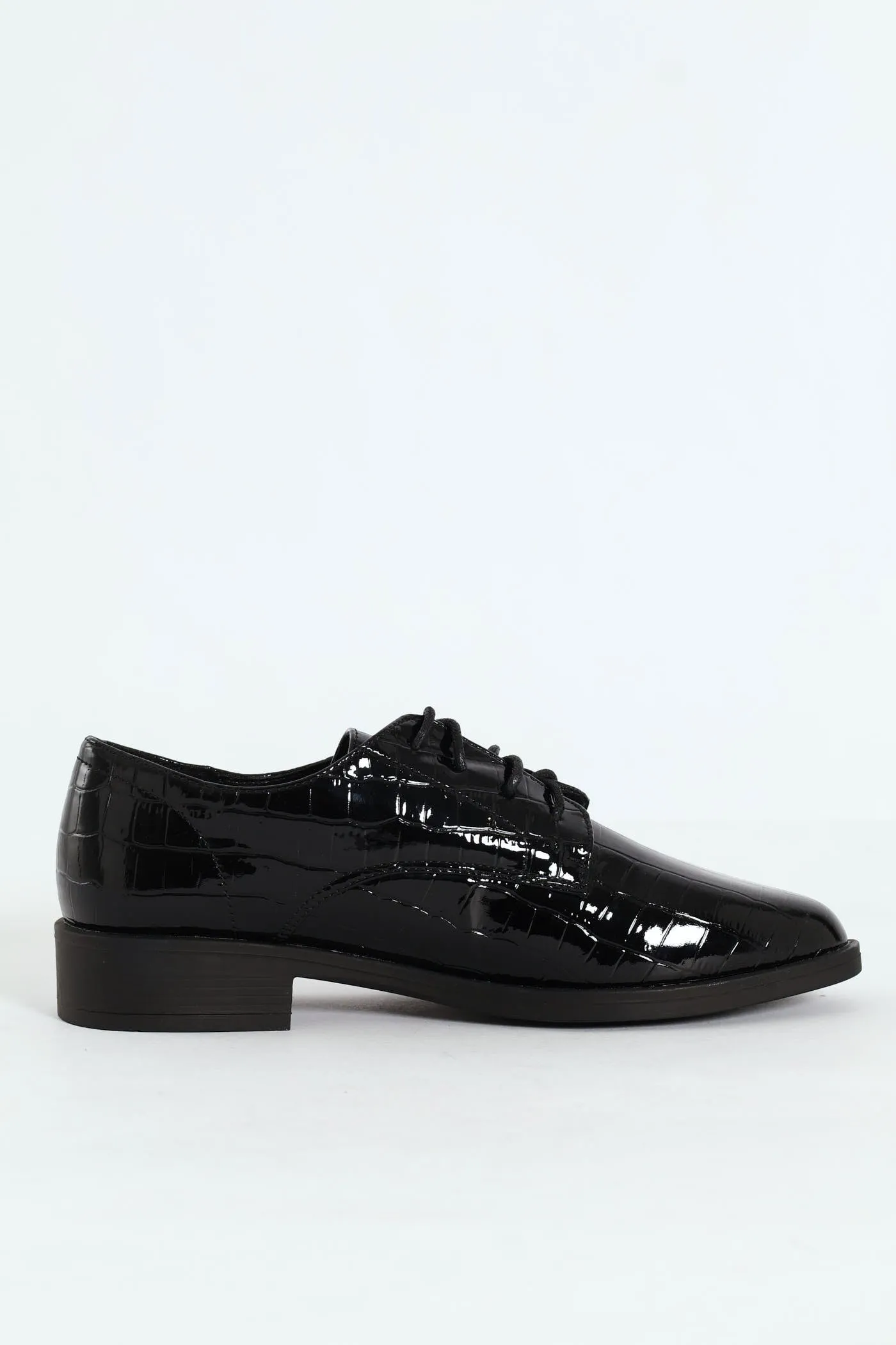 Classic Pointed Croc Patent Lace Up Loafer - Black