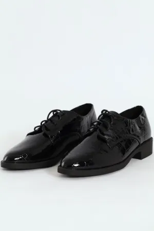 Classic Pointed Croc Patent Lace Up Loafer - Black