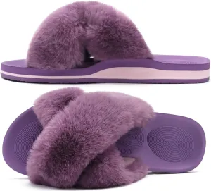 COFACE Womens Fuzzy Slides Fluff Faux Fur Cross Slippers Open Toe Yoga Mat House Slippers Sandals With Arch Support For Indoor/Outdoor