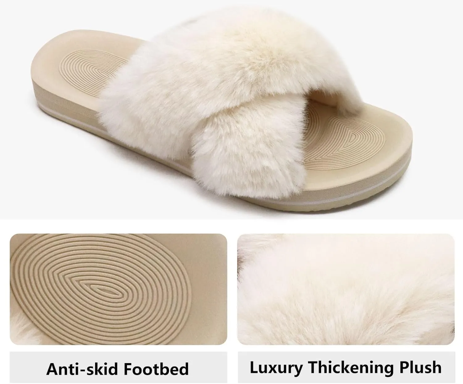 COFACE Womens Fuzzy Slides Fluff Faux Fur Cross Slippers Open Toe Yoga Mat House Slippers Sandals With Arch Support For Indoor/Outdoor