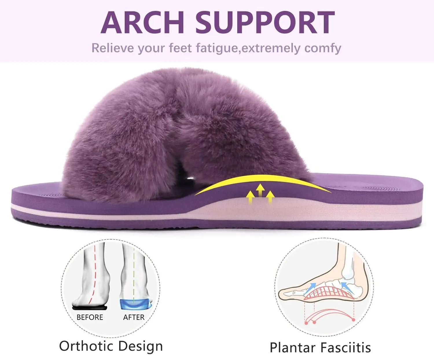 COFACE Womens Fuzzy Slides Fluff Faux Fur Cross Slippers Open Toe Yoga Mat House Slippers Sandals With Arch Support For Indoor/Outdoor