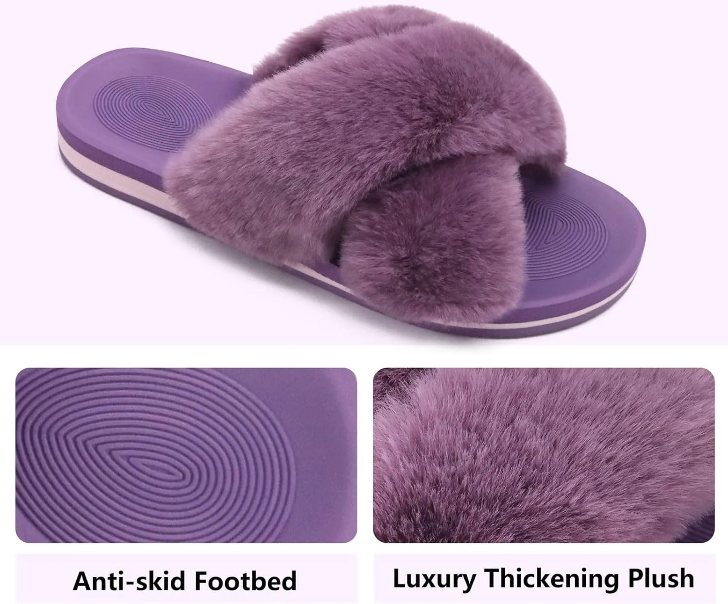 COFACE Womens Fuzzy Slides Fluff Faux Fur Cross Slippers Open Toe Yoga Mat House Slippers Sandals With Arch Support For Indoor/Outdoor