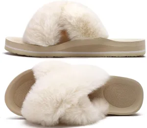 COFACE Womens Fuzzy Slides Fluff Faux Fur Cross Slippers Open Toe Yoga Mat House Slippers Sandals With Arch Support For Indoor/Outdoor