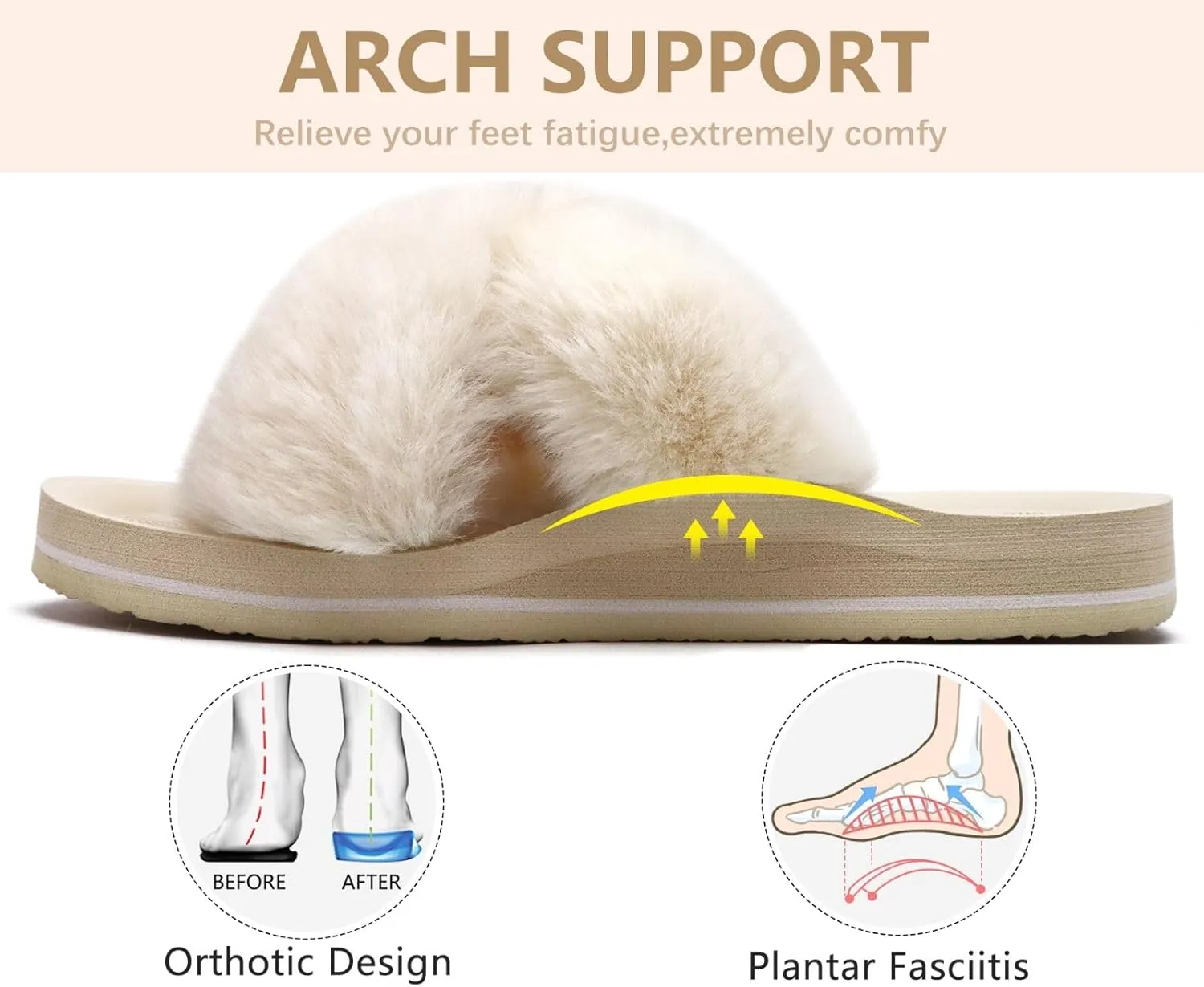 COFACE Womens Fuzzy Slides Fluff Faux Fur Cross Slippers Open Toe Yoga Mat House Slippers Sandals With Arch Support For Indoor/Outdoor