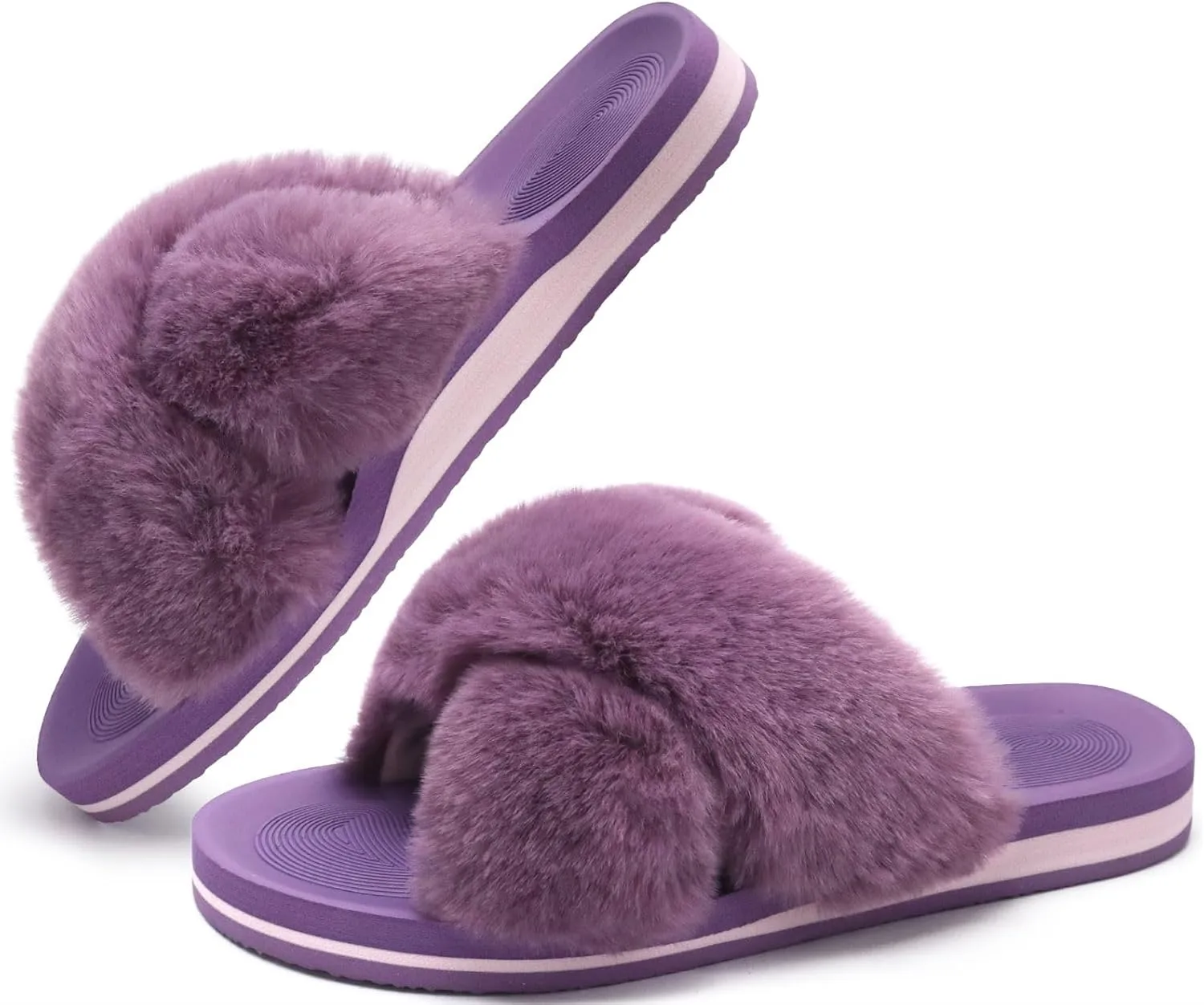 COFACE Womens Fuzzy Slides Fluff Faux Fur Cross Slippers Open Toe Yoga Mat House Slippers Sandals With Arch Support For Indoor/Outdoor