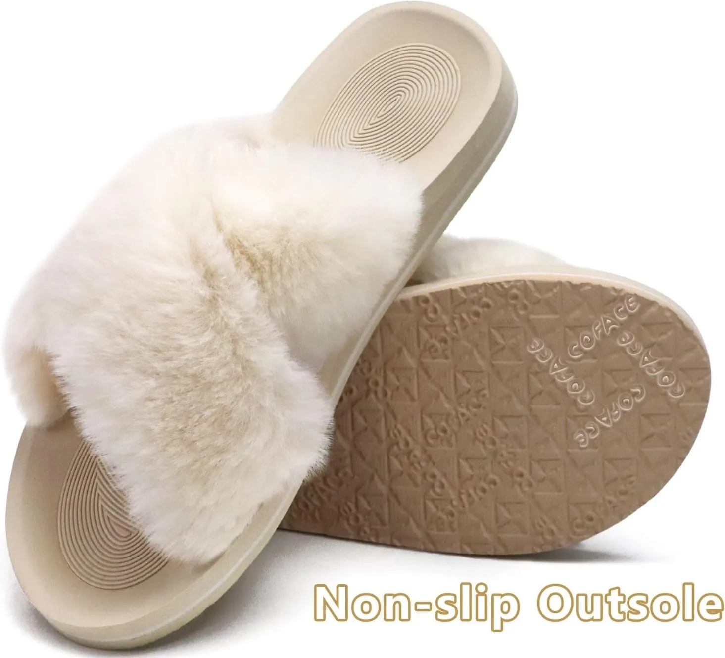 COFACE Womens Fuzzy Slides Fluff Faux Fur Cross Slippers Open Toe Yoga Mat House Slippers Sandals With Arch Support For Indoor/Outdoor