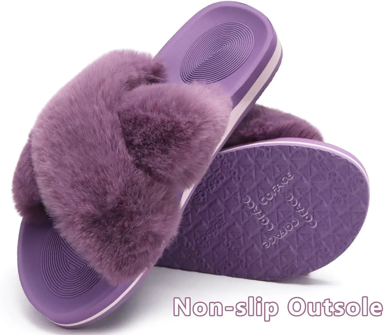 COFACE Womens Fuzzy Slides Fluff Faux Fur Cross Slippers Open Toe Yoga Mat House Slippers Sandals With Arch Support For Indoor/Outdoor