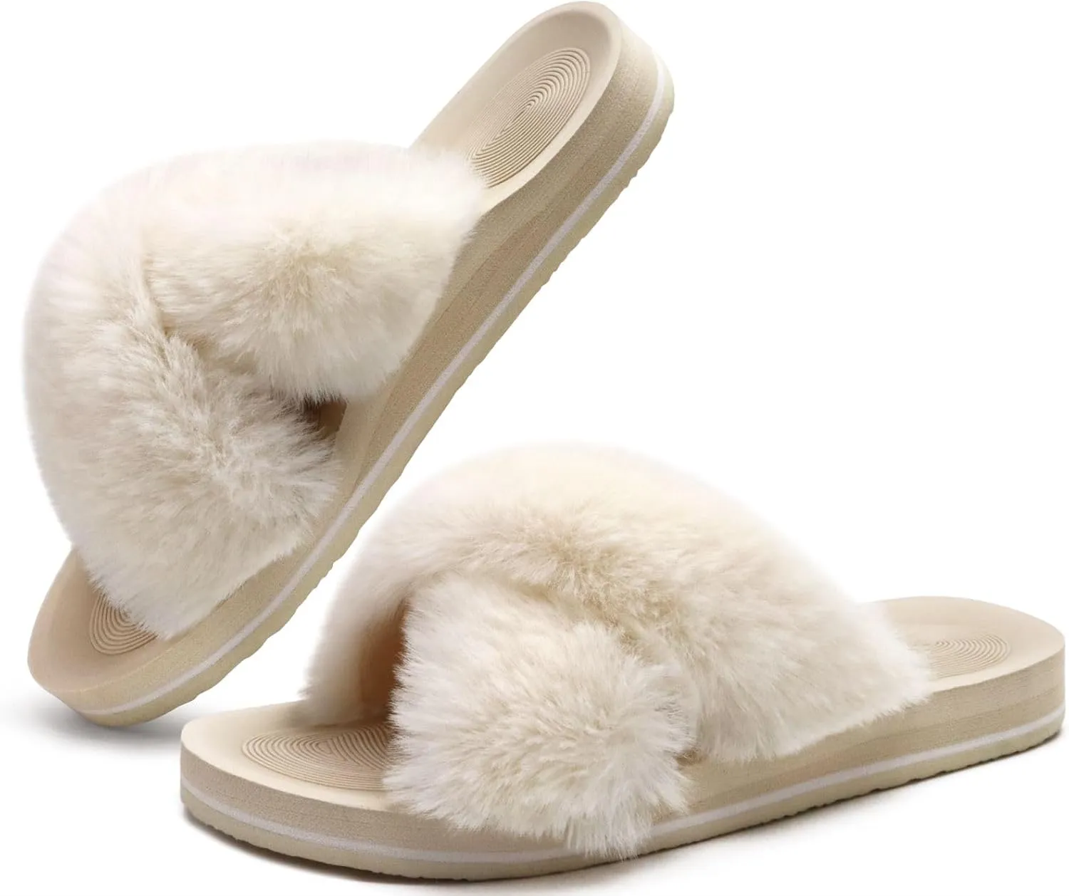 COFACE Womens Fuzzy Slides Fluff Faux Fur Cross Slippers Open Toe Yoga Mat House Slippers Sandals With Arch Support For Indoor/Outdoor