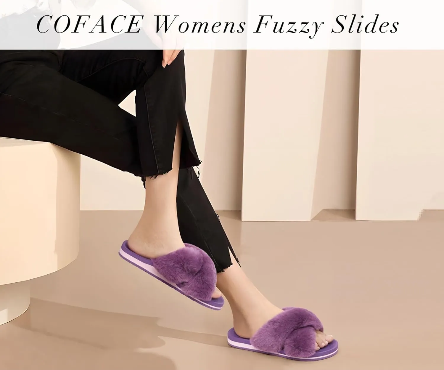 COFACE Womens Fuzzy Slides Fluff Faux Fur Cross Slippers Open Toe Yoga Mat House Slippers Sandals With Arch Support For Indoor/Outdoor