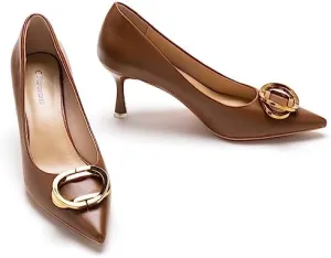 C.Paravano Women's Metal Buckle Stiletto Pumps-Professional Business Meeting Shoes with Metal Accents&Chic Pointed Toe Design,All-Day Comfort Heels for Cocktail Parties&Date Nights(Brown,Size 7)