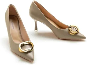 C.Paravano Women's Metal Buckle Stiletto Pumps-Professional Business Meeting Shoes with Metal Accents&Chic Pointed Toe Design,All-Day Comfort Heels for Cocktail Parties&Date Nights(Camel,Size 6)
