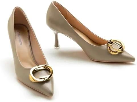 C.Paravano Women's Metal Buckle Stiletto Pumps-Professional Business Meeting Shoes with Metal Accents&Chic Pointed Toe Design,All-Day Comfort Heels for Cocktail Parties&Date Nights(Camel,Size 6)