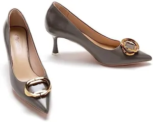 C.Paravano Women's Metal Buckle Stiletto Pumps-Professional Business Meeting Shoes with Metal Accents&Chic Pointed Toe Design,All-Day Comfort Heels for Cocktail Parties&Date Nights(Grey,Size 8)