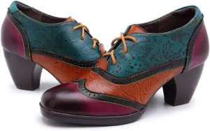 CrazycatZ Leather Pumps,Womens Colorful Vintage Block Heel Oxford Vintage Shoes Pumps