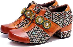 CrazycatZ Leather Pumps,Womens Colorful Vintage Block Heel Shoes