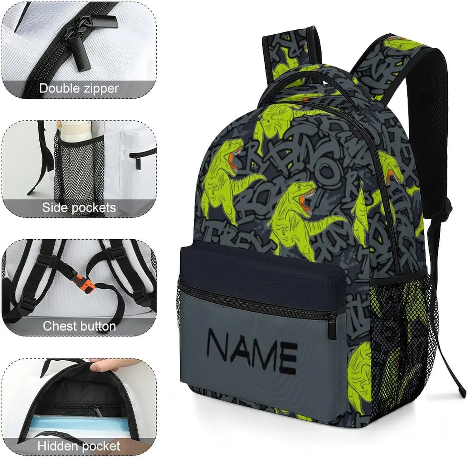 Custom Green Dinosaur Roar Backpack Personalized Name Text Backpack Daypacks Customized BookBags School Bag for Student Boys Girls