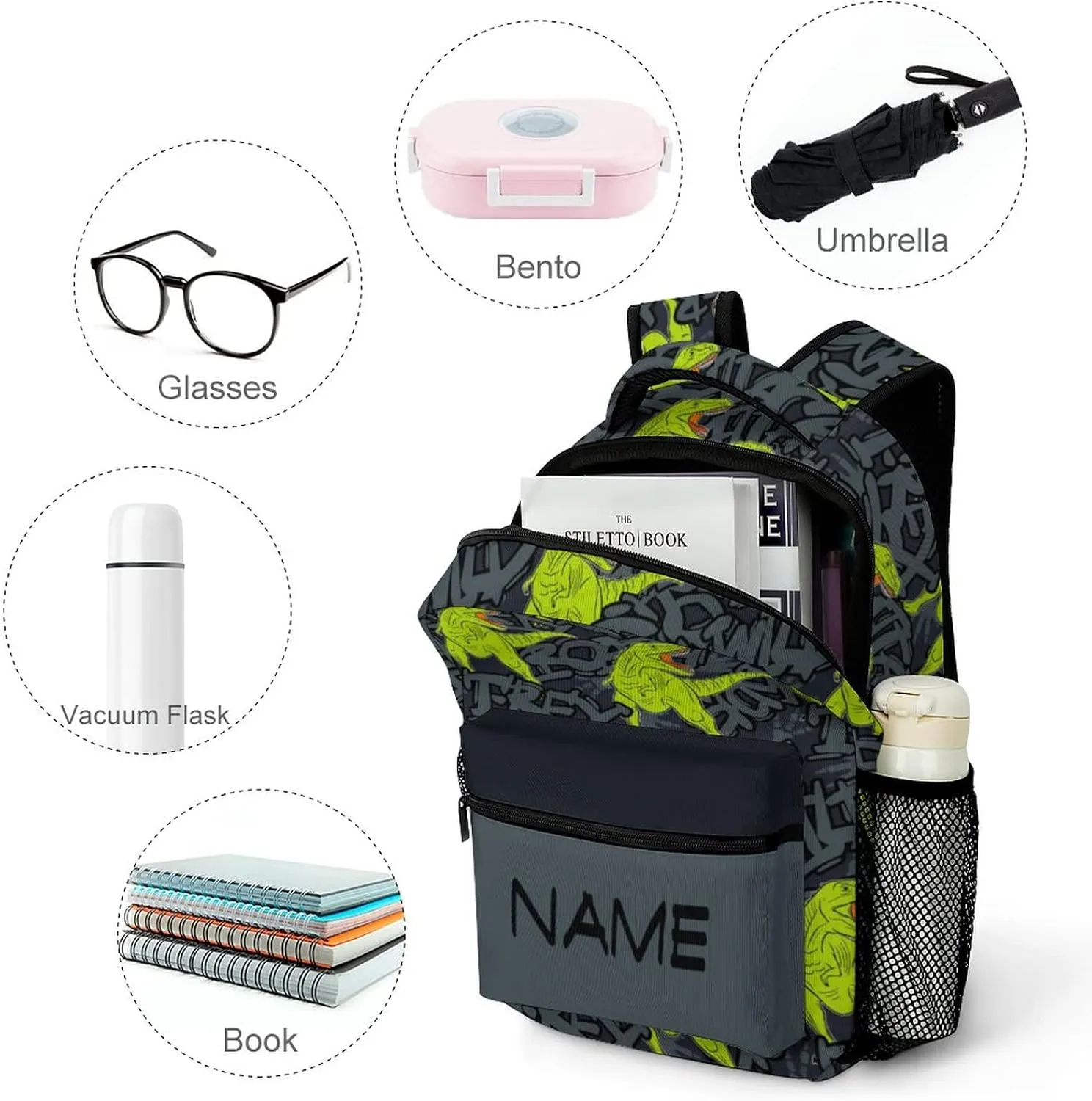 Custom Green Dinosaur Roar Backpack Personalized Name Text Backpack Daypacks Customized BookBags School Bag for Student Boys Girls