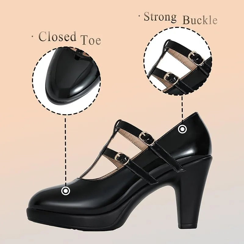 CYBLING Women's Mary Jane High Heels Shoes Ladies Pointed Closed Toe Ankle Strap Dress Pumps