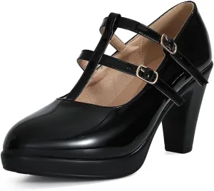 CYBLING Women's Mary Jane High Heels Shoes Ladies Pointed Closed Toe Ankle Strap Dress Pumps