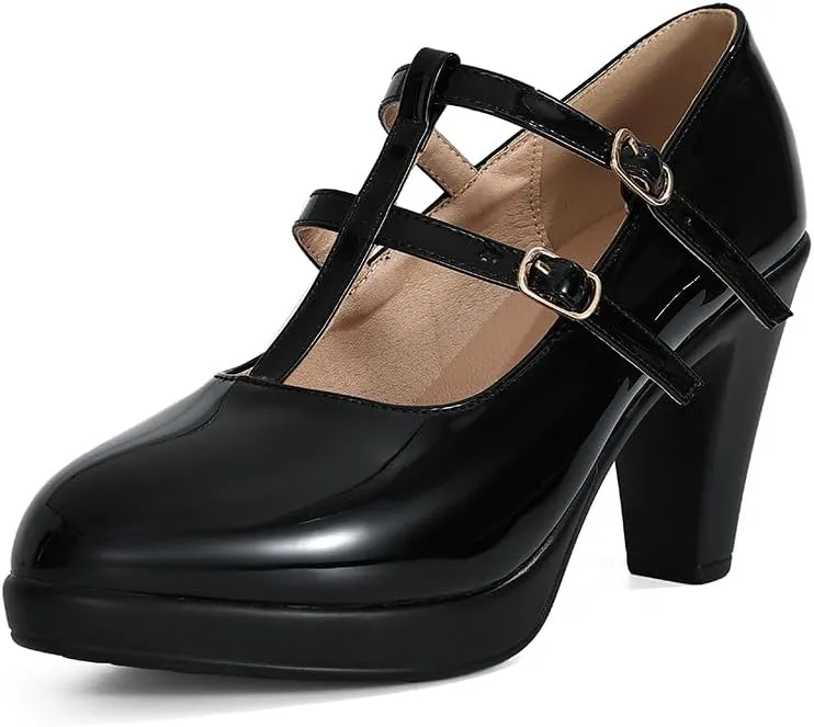 CYBLING Women's Mary Jane High Heels Shoes Ladies Pointed Closed Toe Ankle Strap Dress Pumps