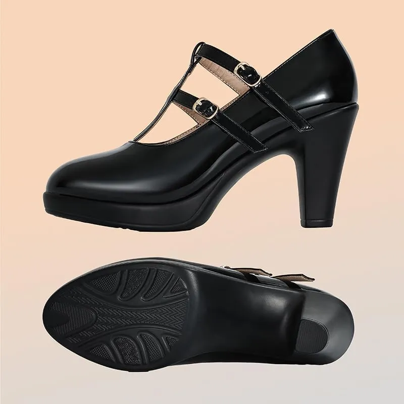 CYBLING Women's Mary Jane High Heels Shoes Ladies Pointed Closed Toe Ankle Strap Dress Pumps