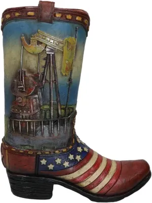 Ebros Gift Rustic Western Country Oil Derrick Rig Pump Jack USA American Flag Cowboy Boot Decorative Flower Bouquet Vase Or Planter Figurine 9" High Southwestern Centerpiece