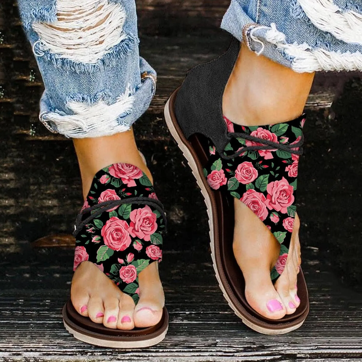 Eduavar Wedge Sandals for Women, Women's Sandals Lace Trim Ring Toe Floral Flat Sandals Dressy Summer Beach Sandals