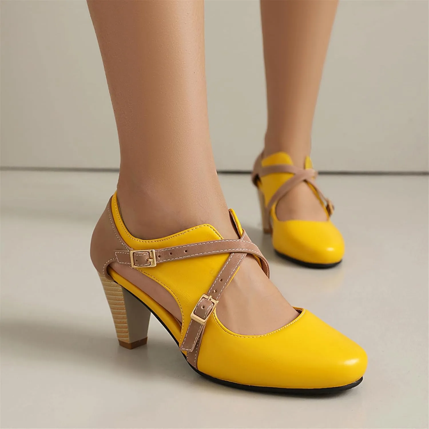 Elerhythm Women's Mary Jane 1920s Pump Heels Two Straps Classic and Retro 1950s Vintage Round Closed Toe 1940s Shoes