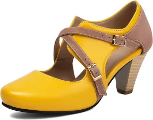 Elerhythm Women's Mary Jane 1920s Pump Heels Two Straps Classic and Retro 1950s Vintage Round Closed Toe 1940s Shoes
