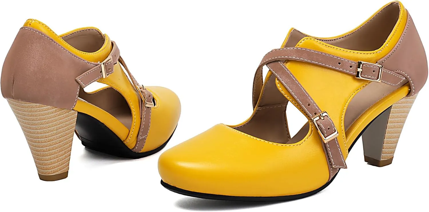 Elerhythm Women's Mary Jane 1920s Pump Heels Two Straps Classic and Retro 1950s Vintage Round Closed Toe 1940s Shoes