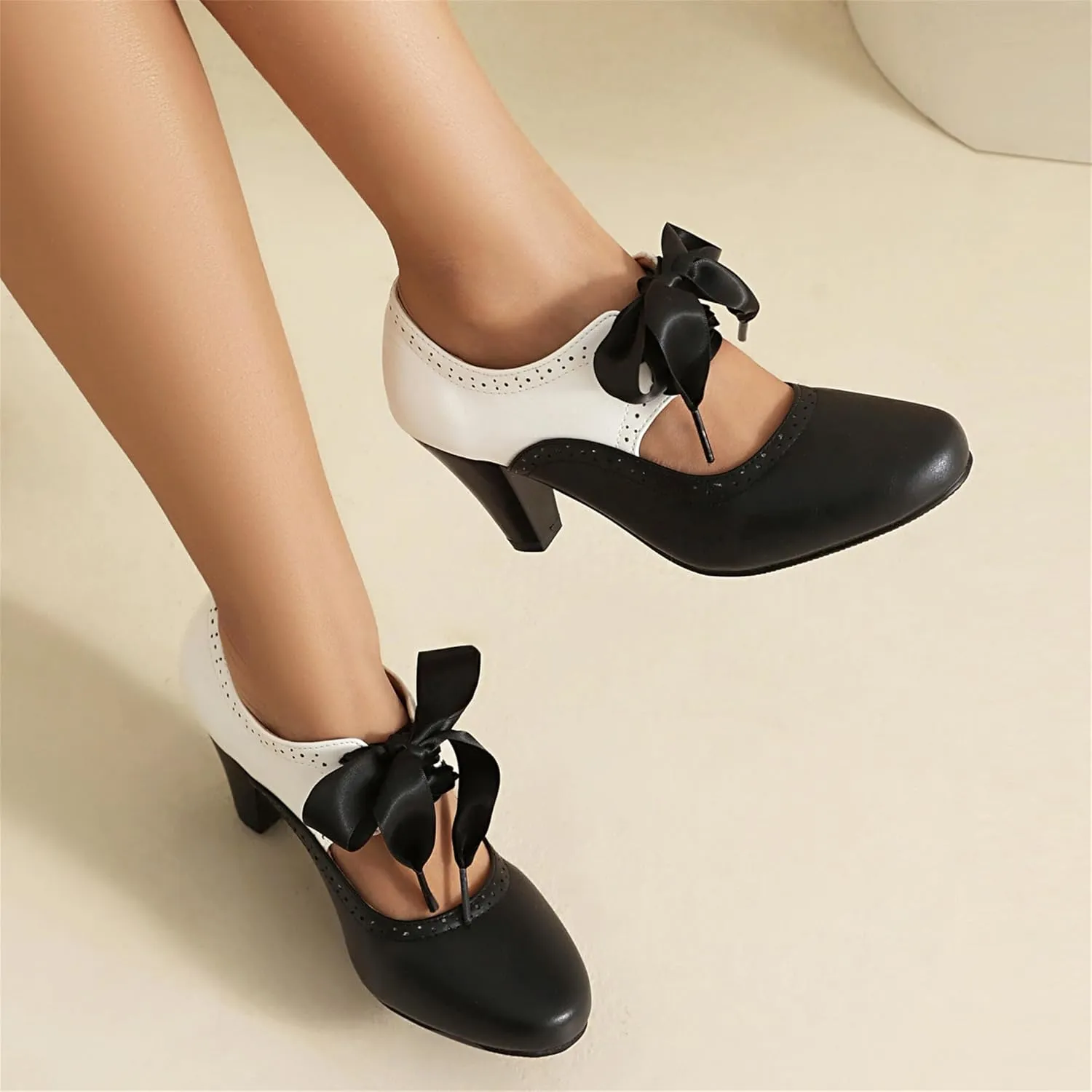 Elerhythm Women's Mary Jane 1920s Pump Heels Two Tone Classic and Retro Oxford Wingtip 1950s Vintage Round Closed Toe 1940s Lace Up Dress Shoes