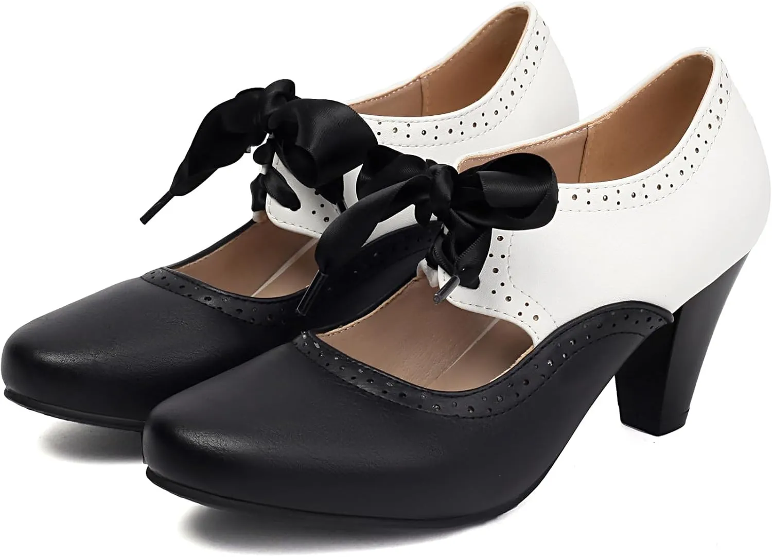 Elerhythm Women's Mary Jane 1920s Pump Heels Two Tone Classic and Retro Oxford Wingtip 1950s Vintage Round Closed Toe 1940s Lace Up Dress Shoes