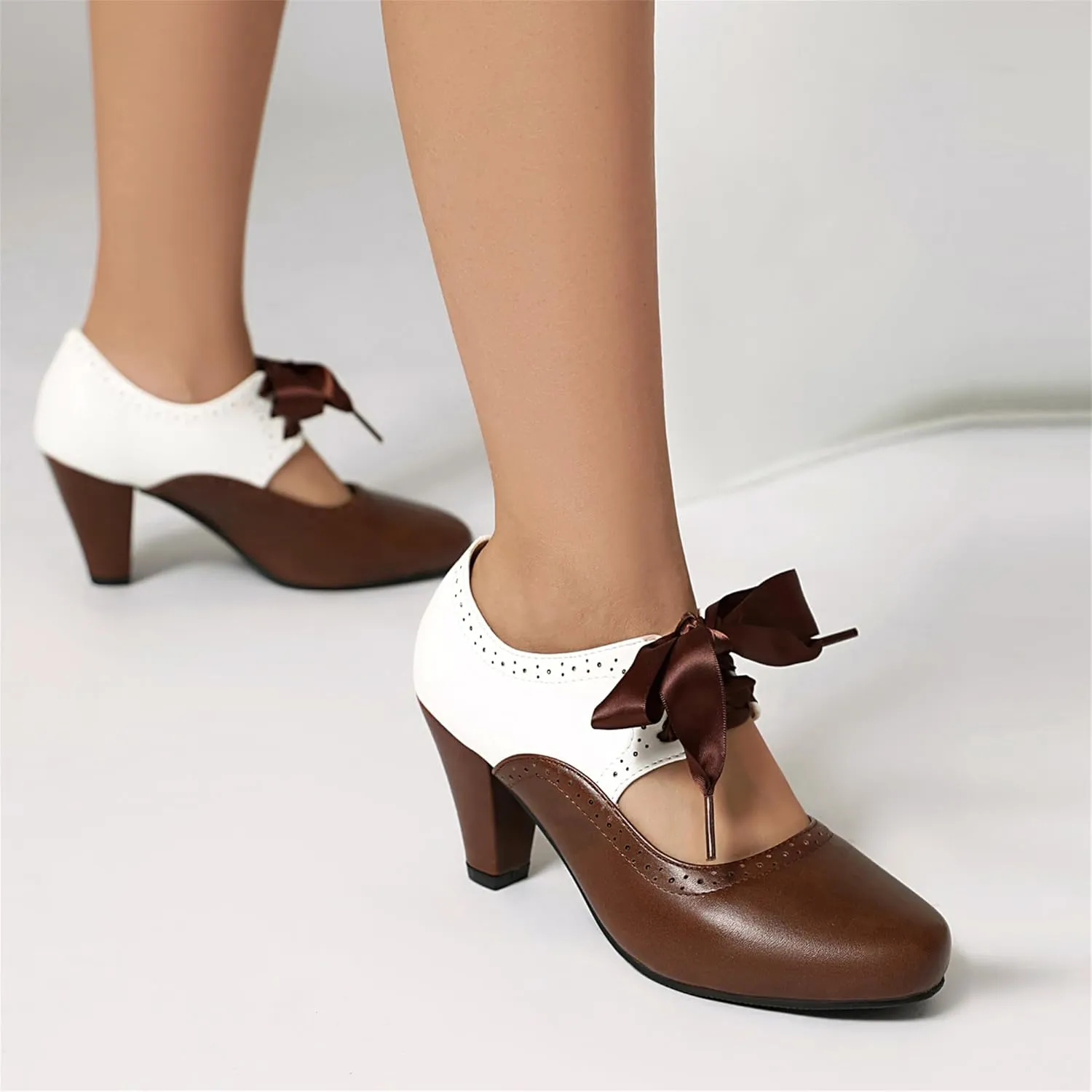 Elerhythm Women's Mary Jane 1920s Pump Heels Two Tone Classic and Retro Oxford Wingtip 1950s Vintage Round Closed Toe 1940s Lace Up Dress Shoes