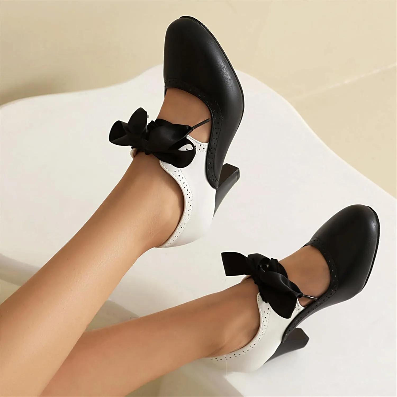 Elerhythm Women's Mary Jane 1920s Pump Heels Two Tone Classic and Retro Oxford Wingtip 1950s Vintage Round Closed Toe 1940s Lace Up Dress Shoes