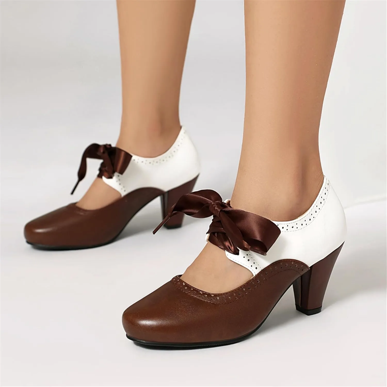Elerhythm Women's Mary Jane 1920s Pump Heels Two Tone Classic and Retro Oxford Wingtip 1950s Vintage Round Closed Toe 1940s Lace Up Dress Shoes