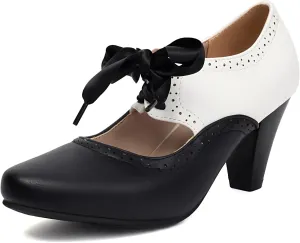 Elerhythm Women's Mary Jane 1920s Pump Heels Two Tone Classic and Retro Oxford Wingtip 1950s Vintage Round Closed Toe 1940s Lace Up Dress Shoes