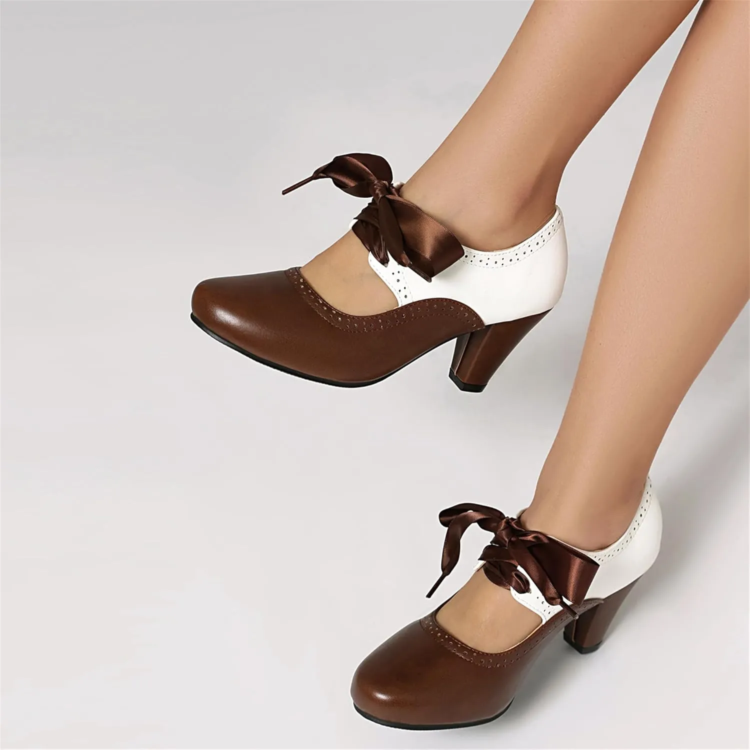 Elerhythm Women's Mary Jane 1920s Pump Heels Two Tone Classic and Retro Oxford Wingtip 1950s Vintage Round Closed Toe 1940s Lace Up Dress Shoes