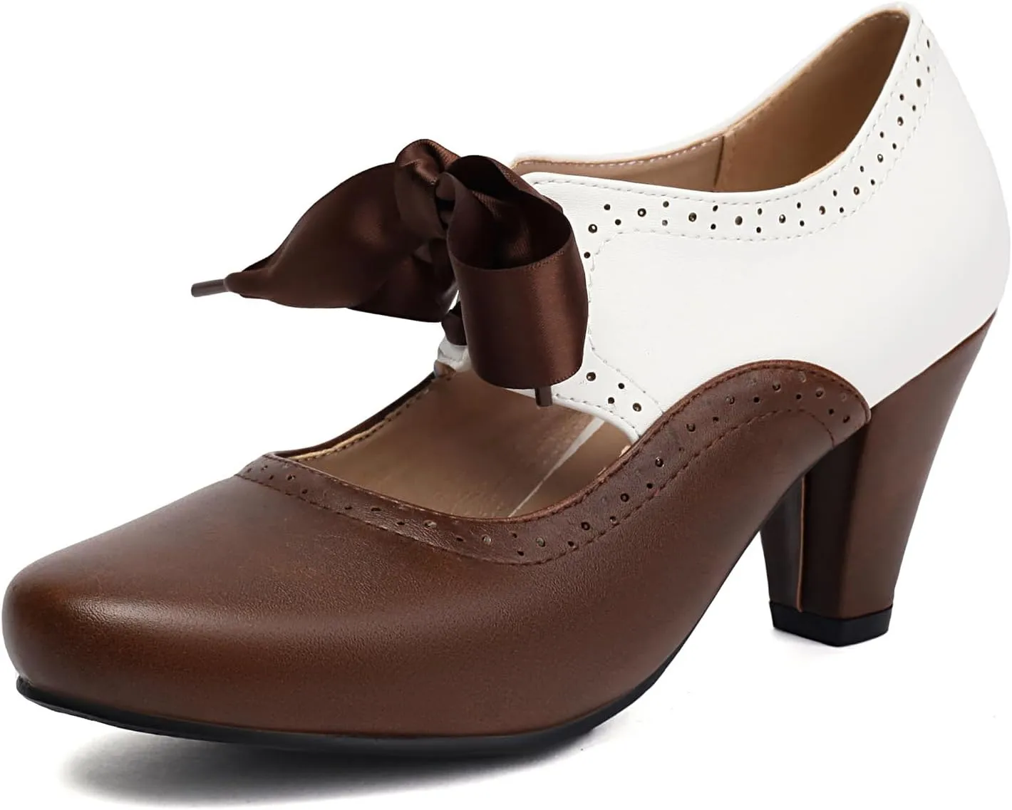 Elerhythm Women's Mary Jane 1920s Pump Heels Two Tone Classic and Retro Oxford Wingtip 1950s Vintage Round Closed Toe 1940s Lace Up Dress Shoes