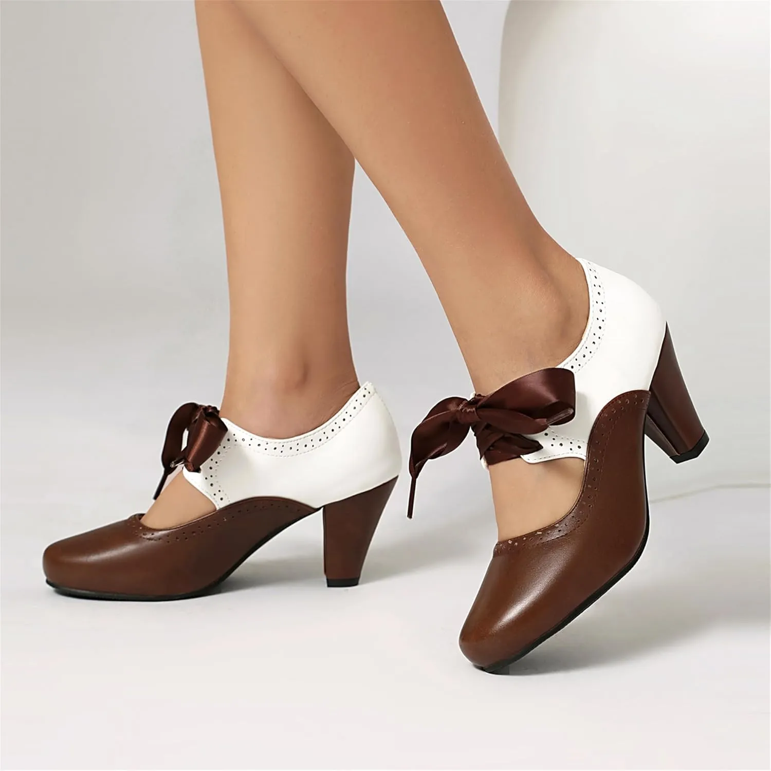 Elerhythm Women's Mary Jane 1920s Pump Heels Two Tone Classic and Retro Oxford Wingtip 1950s Vintage Round Closed Toe 1940s Lace Up Dress Shoes