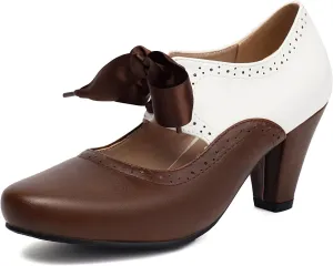 Elerhythm Women's Mary Jane 1920s Pump Heels Two Tone Classic and Retro Oxford Wingtip 1950s Vintage Round Closed Toe 1940s Lace Up Dress Shoes